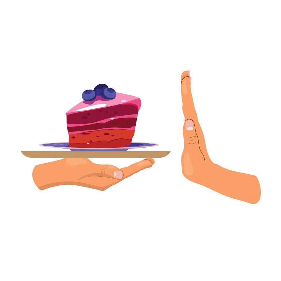 Say no to sweet during diet. Woman refusing to eat cake and push off. vector