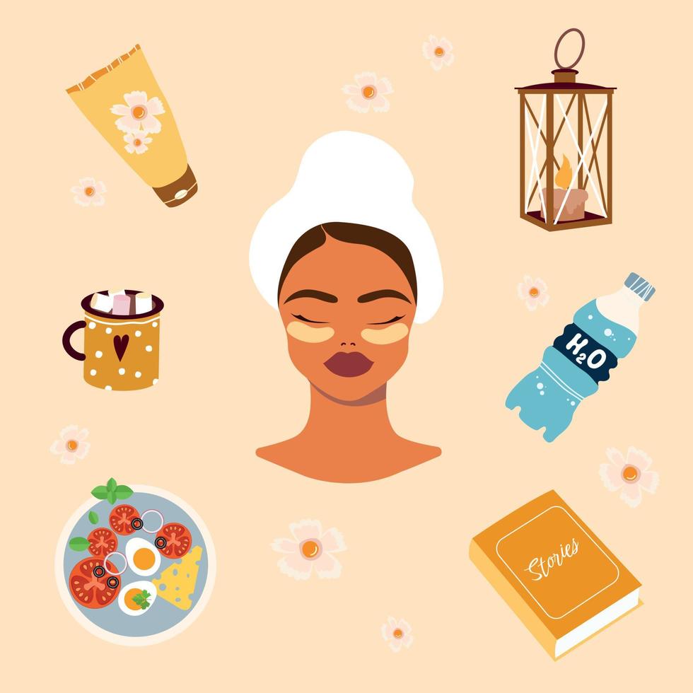 Self care concept set. Morning home routine of a woman- healthy food, reading, skincare. Morning beauty rituals collection. Girl relaxes at home. Flat vector illustration