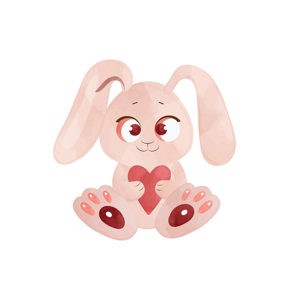 Funny watercolor rabbit with a heart. Vector illustration can be used as print or card.