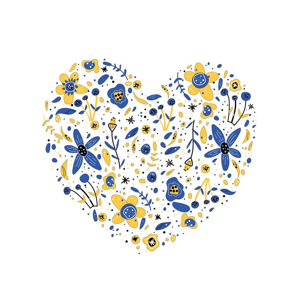 Folk art illustration heart in Ukrainian flag colors and ethnical pattern vector