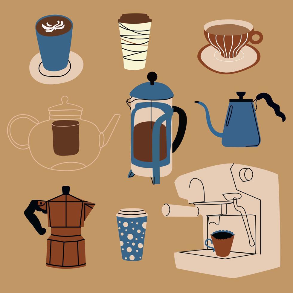 Equipment for making coffee. Set of isolated coffee elements. French press, coffee maker, mug, cup, kettle. Collection for menu, cafe. Hand drawn modern vector illustration Formats Vector images