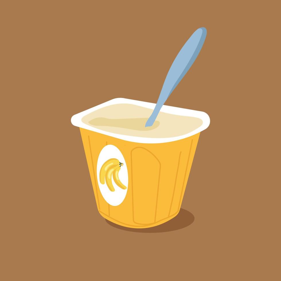 desayuno fresco para bebés. sabor a crema de yogur de plátano en vector de diseño plano de taza. yogur de frutas suave en cuchara de producto de olla. recipiente de comida líquida limpia símbolo aislado puré o puré de pudín icono de postre