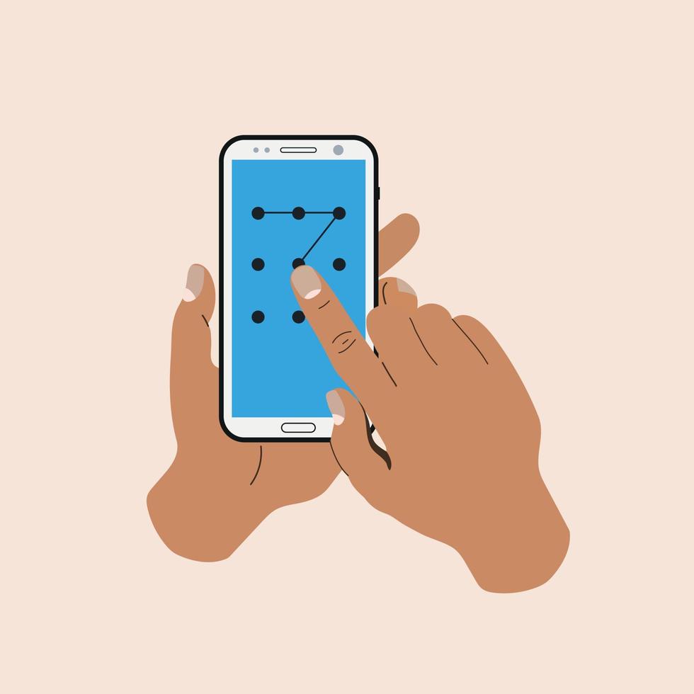 open, swipe , slide mobile security vector modern clean simple. enter pass code screen isolated graphic. points code on the cell phone. man or male hand holding a smart phone flat design style cartoon