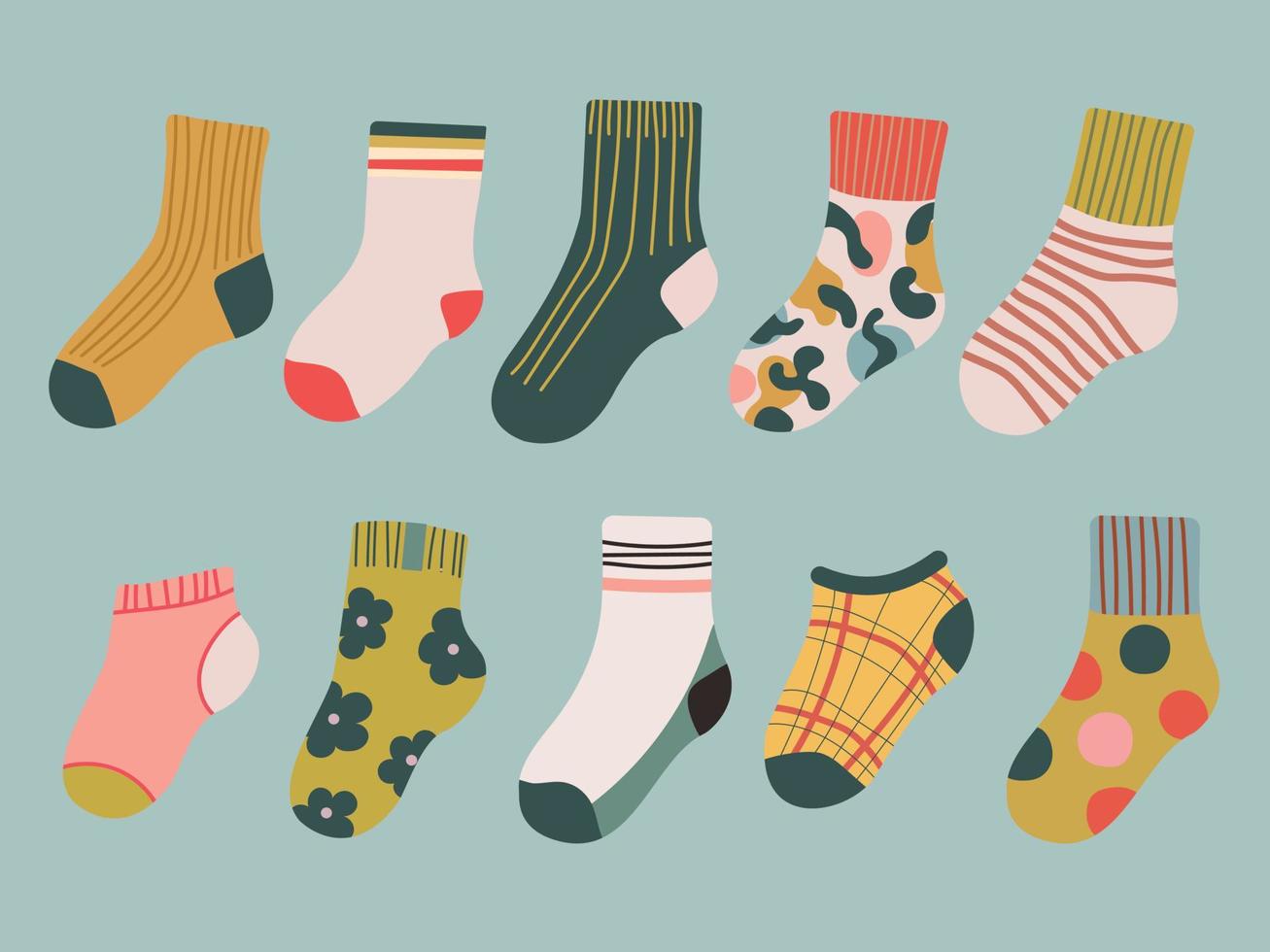 Collection of stylish cotton and wool socks of different textures isolated on a pastel background. Set of fashion items of clothing. Modern set of clothes or clothes. Flat cartoon illustration. vector