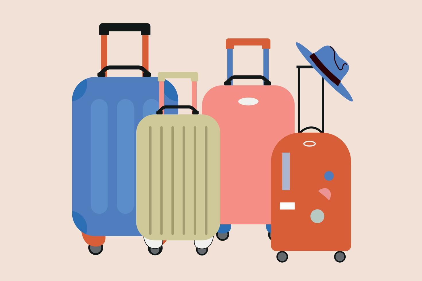 Various suitcases for luggage.Vacation, travel, holiday concept. Hand drawn vector set. Colorful fashion illustration. cartoon style. flat design. All elements are insulated