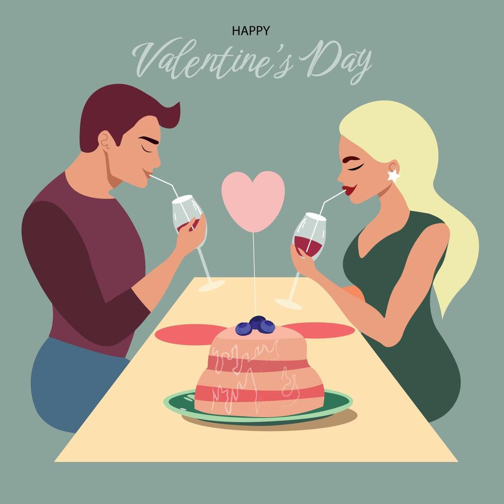 Feliz día de San Valentín. ilustraciones vectoriales retro de pareja enamorada en una cita. texto y corazón para tarjeta de felicitación o afiche vector