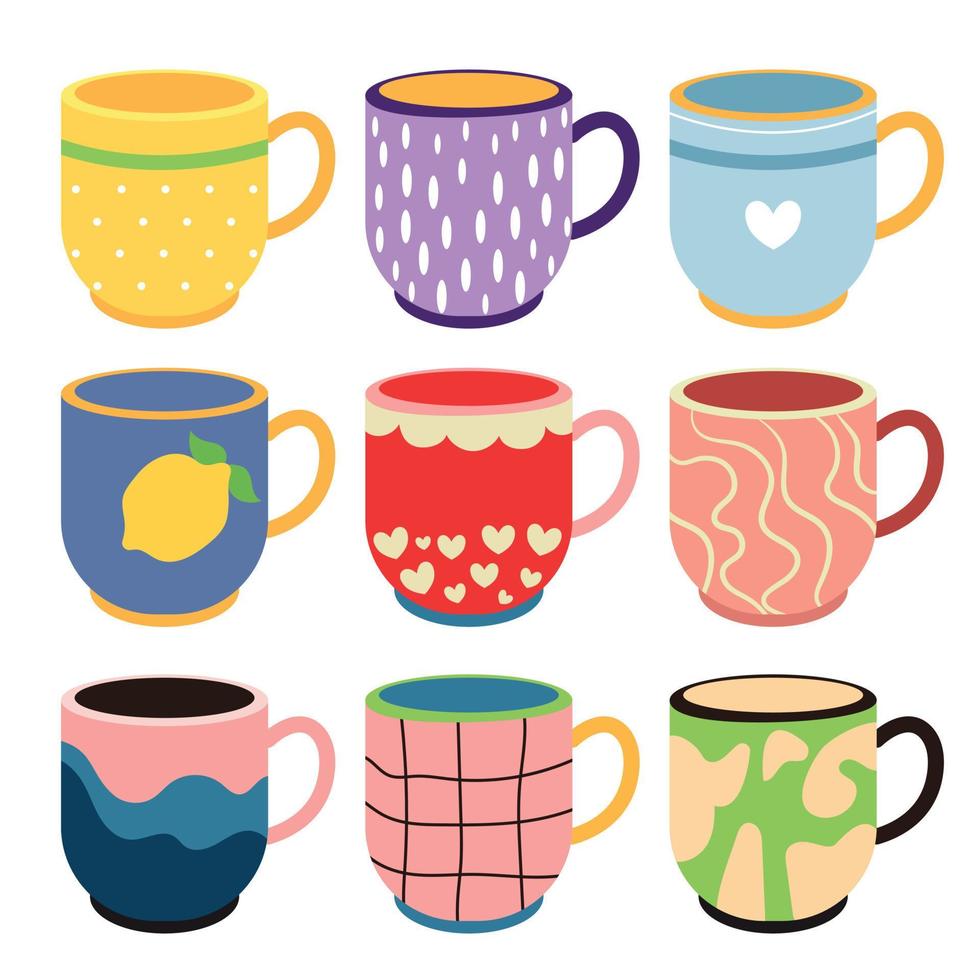 colección de tazas coloridas con elementos de diseño plana vectorial. conjunto de tazas de colores llenando bebidas aisladas. lindo vaso de moda con 18912501 Vector en Vecteezy