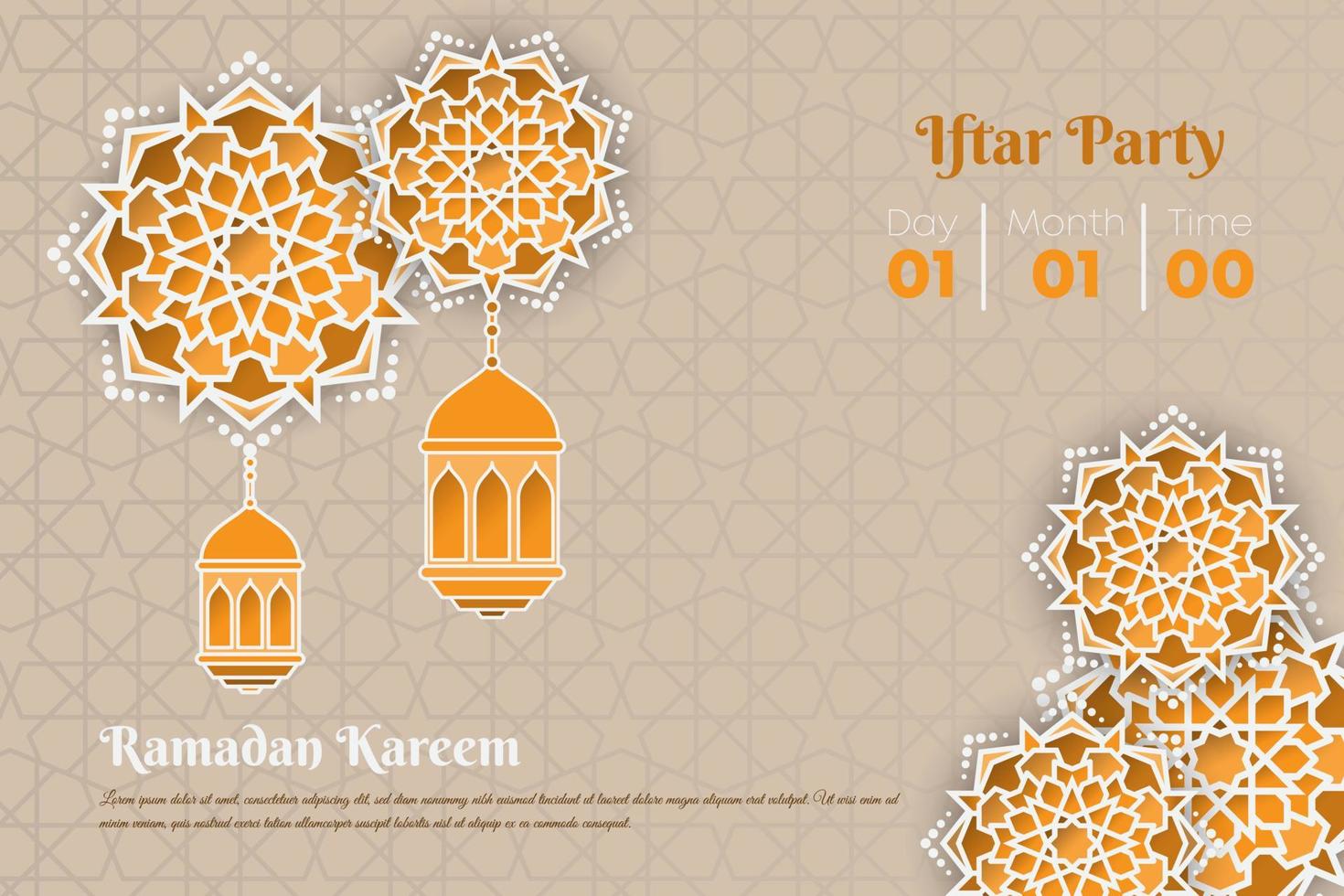 ramadan kareem or eid mubarak design with lantern and mandala in yellow background design vector
