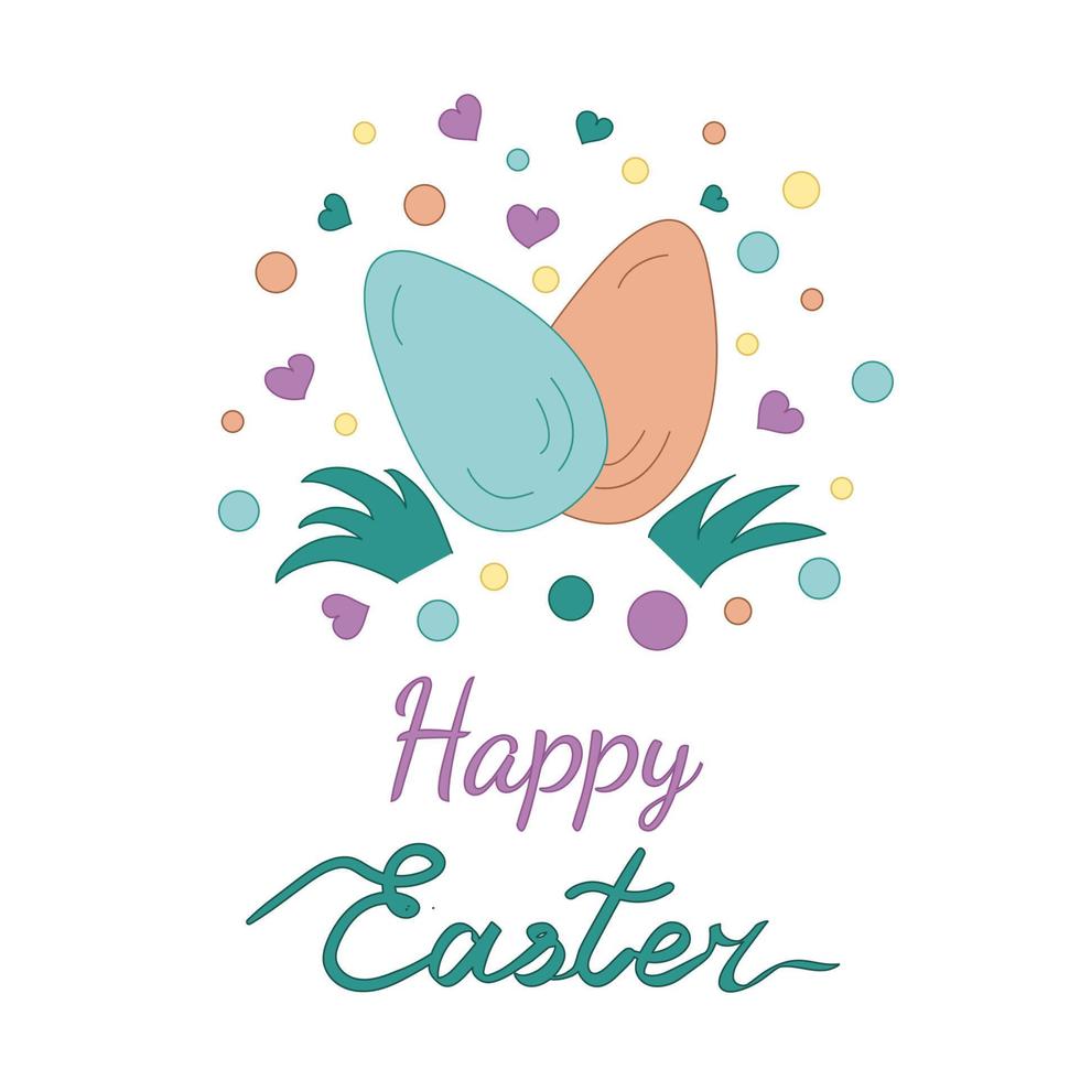 happy easter greeting card with eggs, hearts, circles, gress and lettering. Cute Vecrot illustration vector