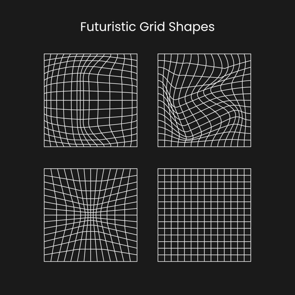 Set of retrofuturistic grid shape. Collection of grids in cyberpunk 80s style. Digital cyber retro design elements.  Suitable for poster, flyer, cover, merch in synthwave style. Vector illustration.