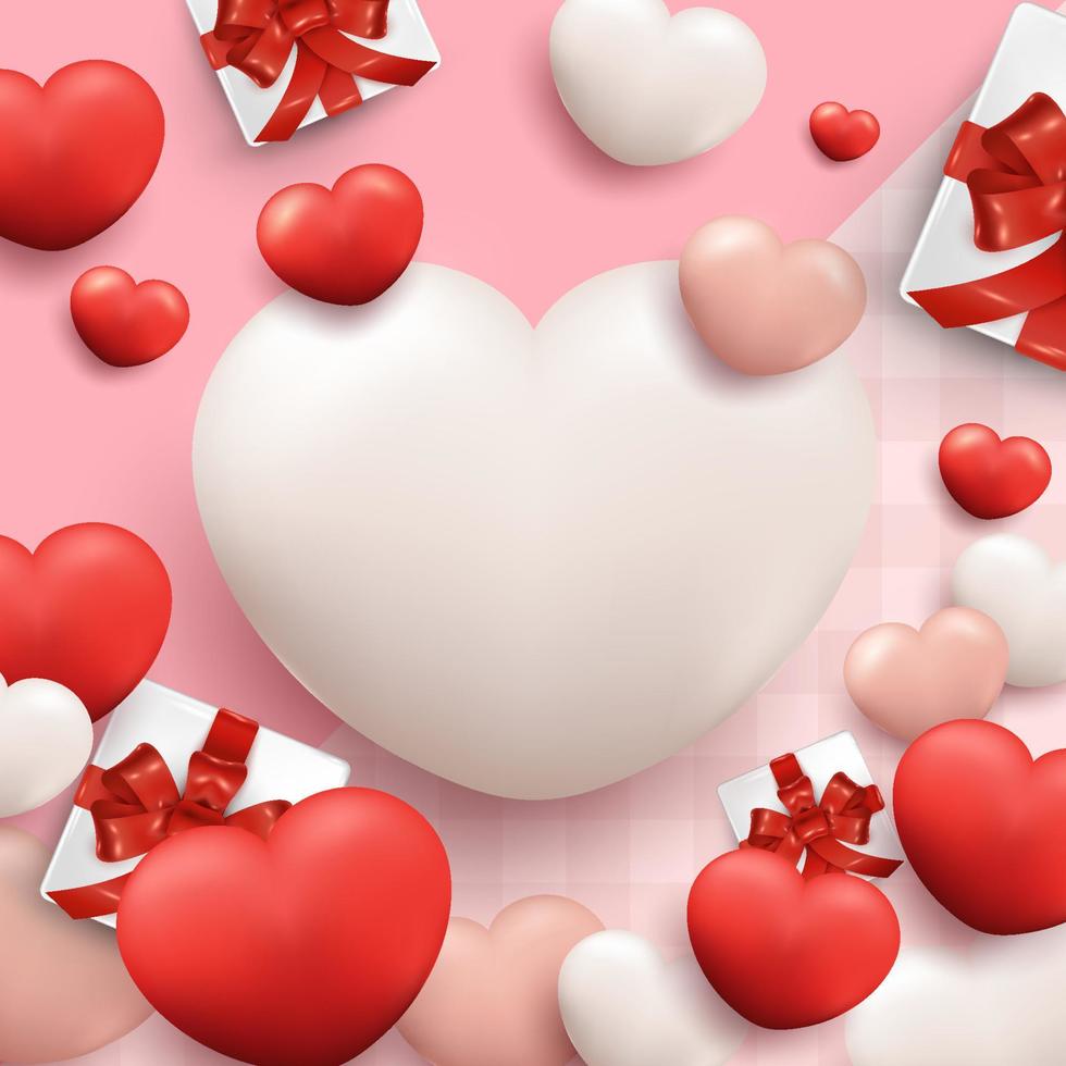 fondo del cartel del día de san valentín con corazón realista y caja de regalo vector