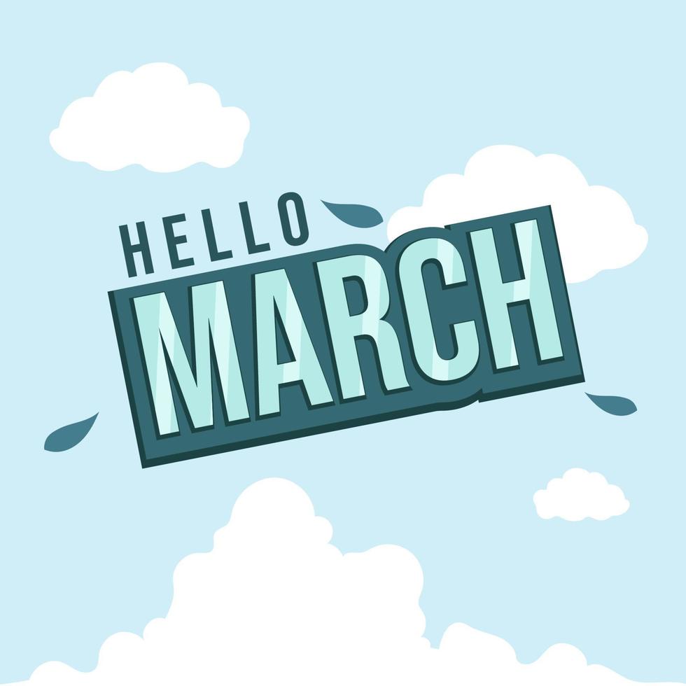 hola marzo vector ilustración banner con nubes