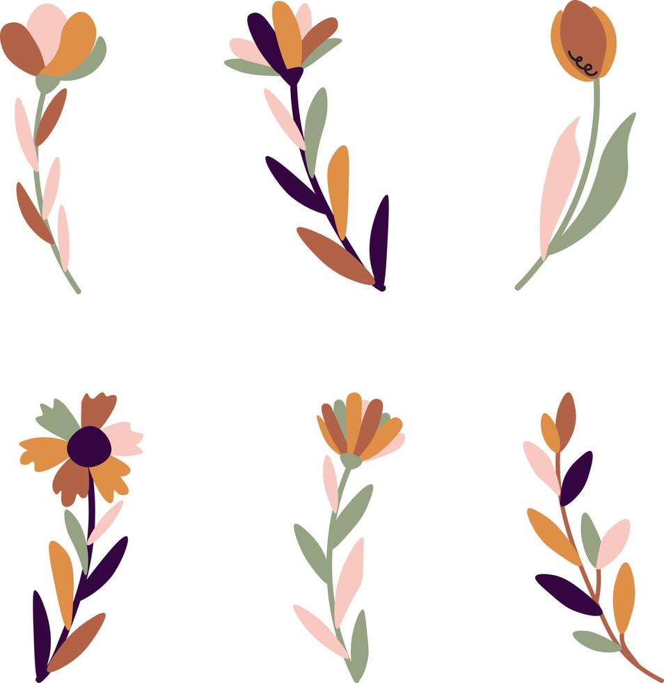 Boho style flowers and leaves set. Vector illustration.