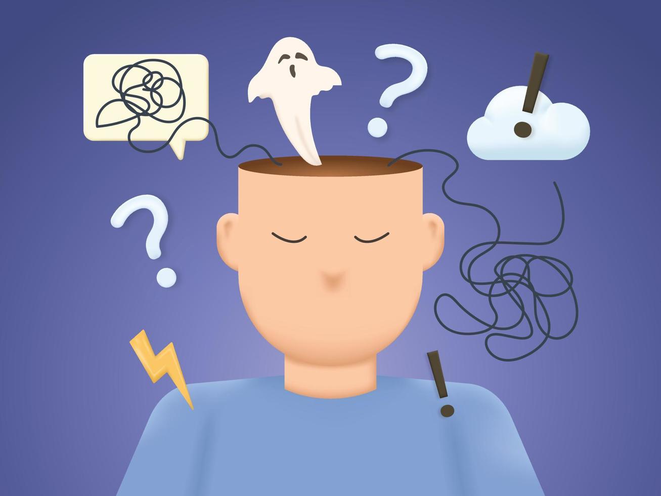 3D mental health concept. Anxiety and stress caused by thinking too much. overthinking vector