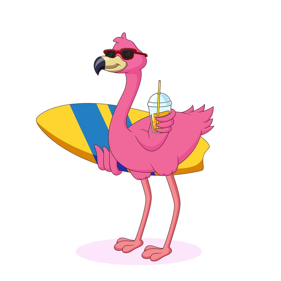 cute flamingo cartoon carrying a surfboard vector