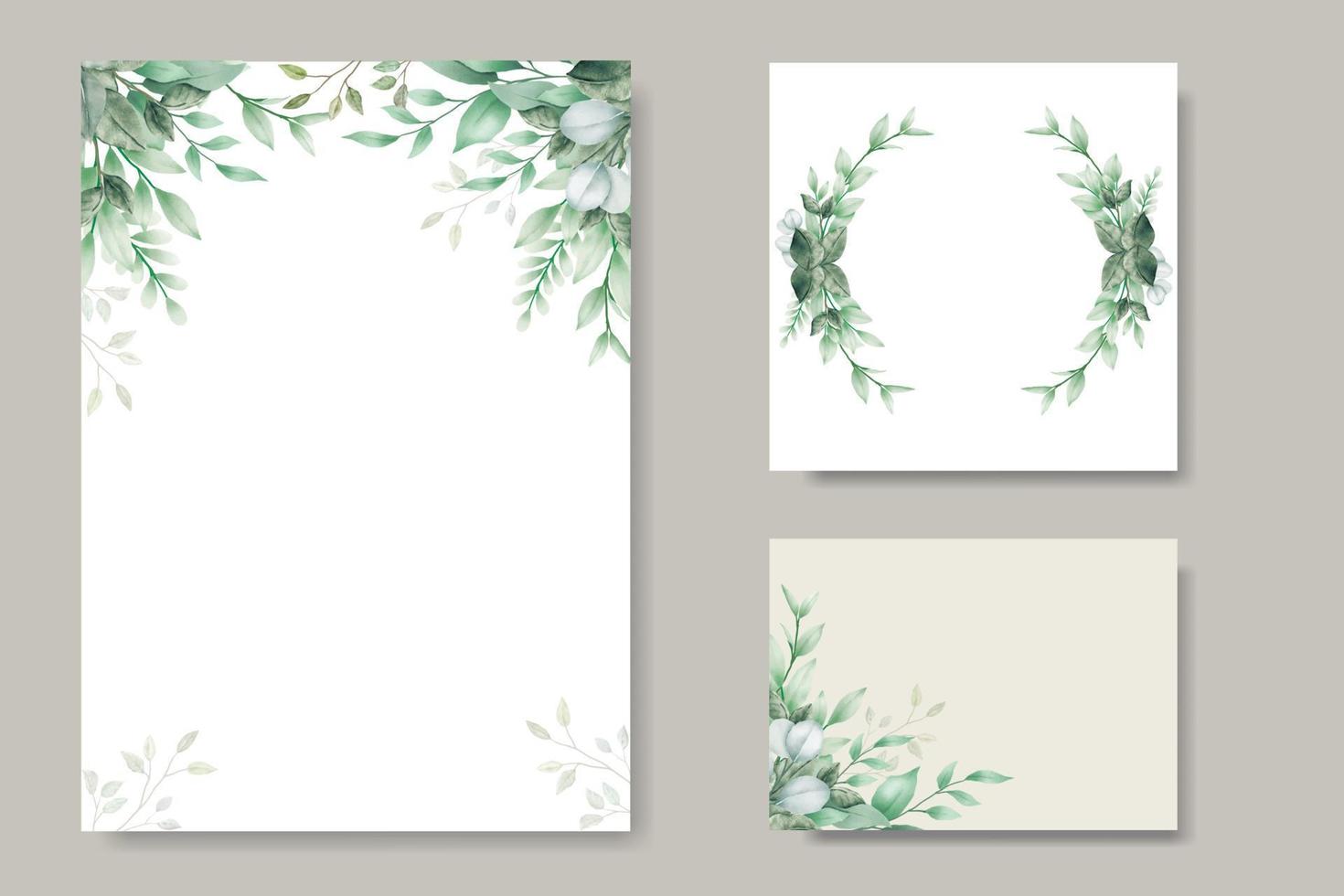 plantilla de tarjeta de invitación de boda de acuarela de hojas verdes vector