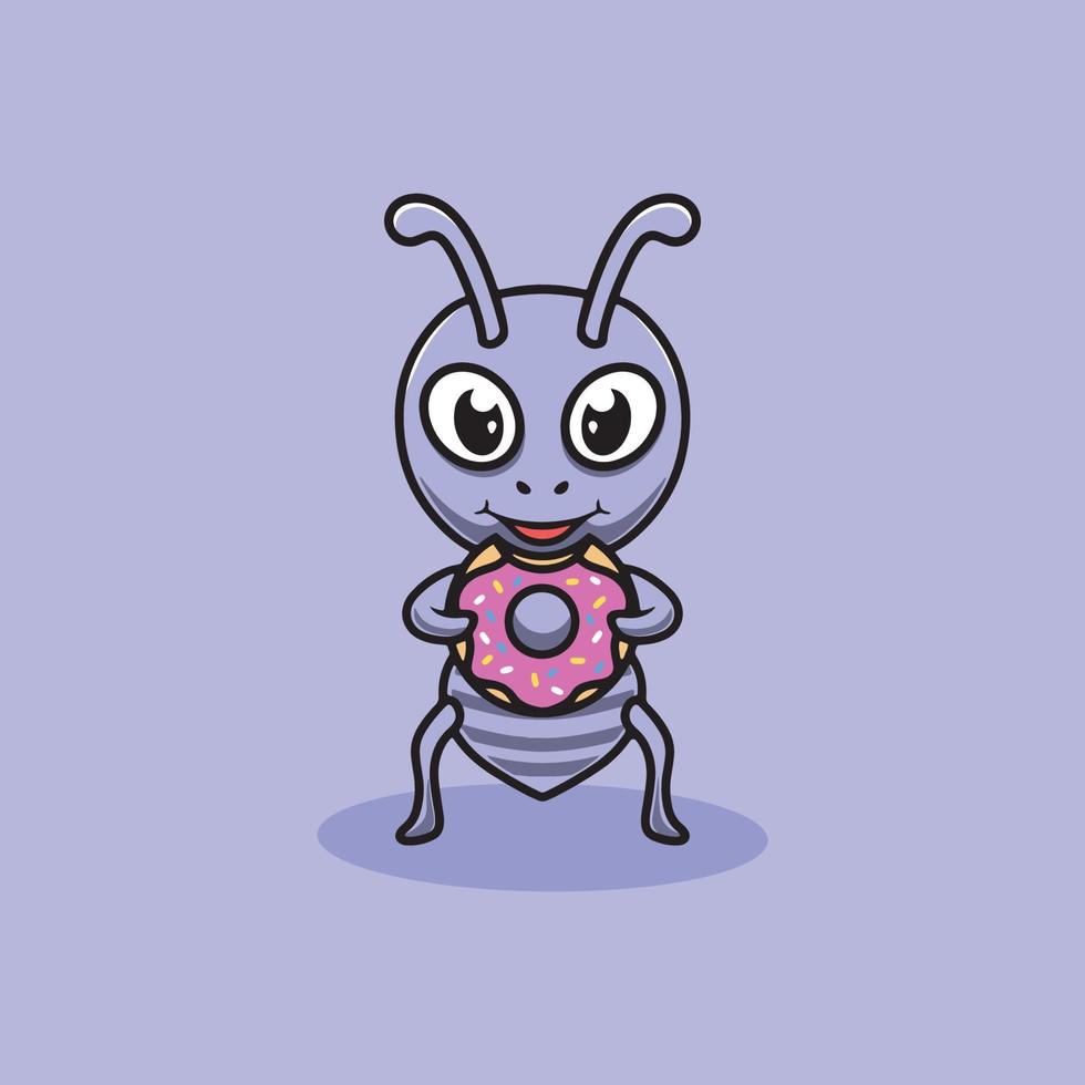 Cute ant eating donut cartoon illustration vector