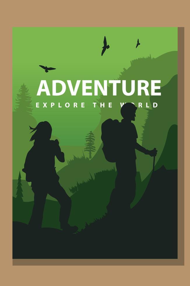 Vector brochure cards set. Travel concept of discovering, exploring and observing nature. Hiking. Adventure tourism. Flat design template of flyer, magazine, book cover, banner, invitation, poster.