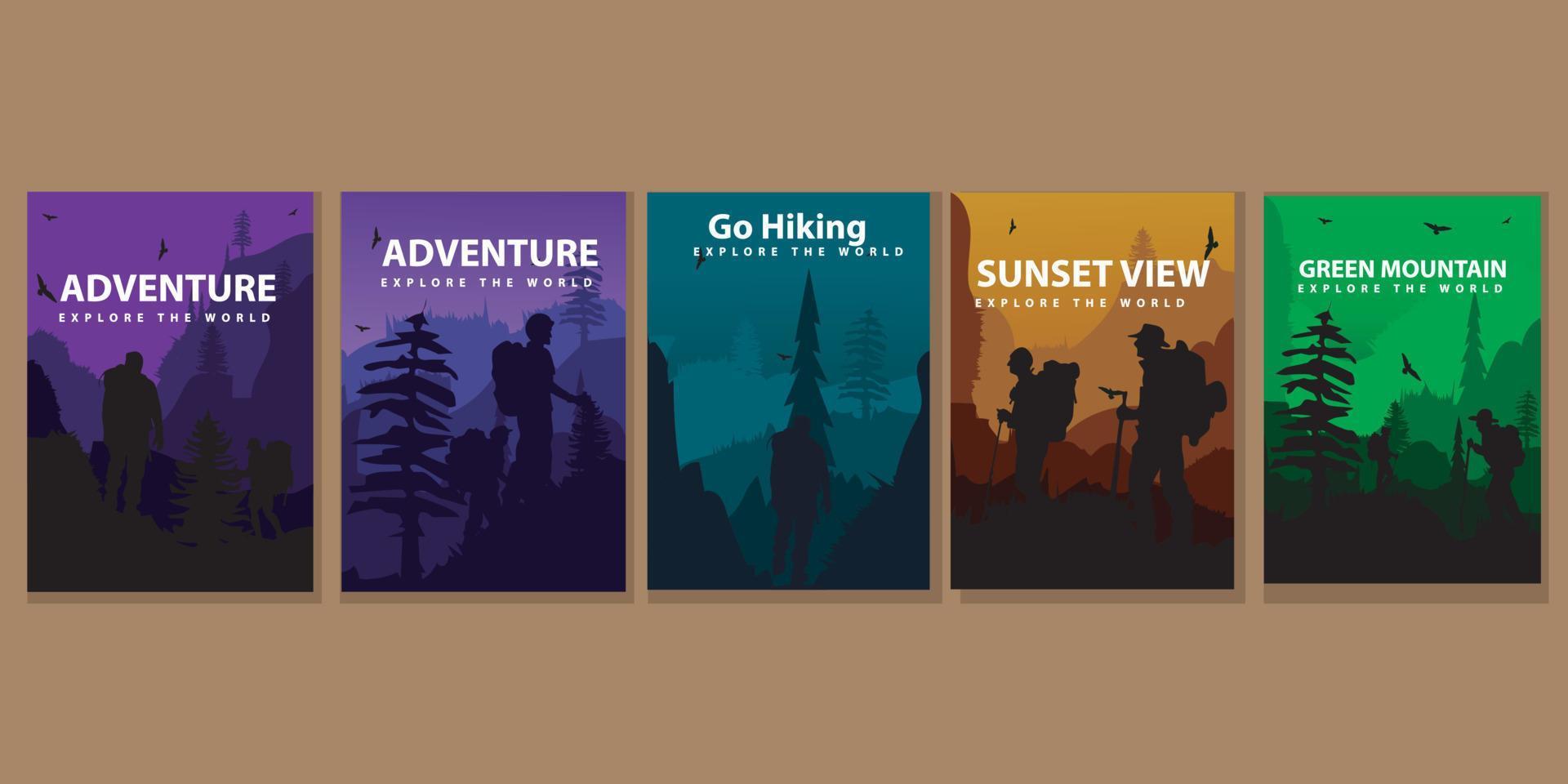 conjunto de tarjetas de folleto vectorial. concepto de viaje de descubrir, explorar y observar la naturaleza. senderismo. Turismo de aventura. plantilla de diseño plano de volante, revista, portada de libro, pancarta, invitación, afiche. vector