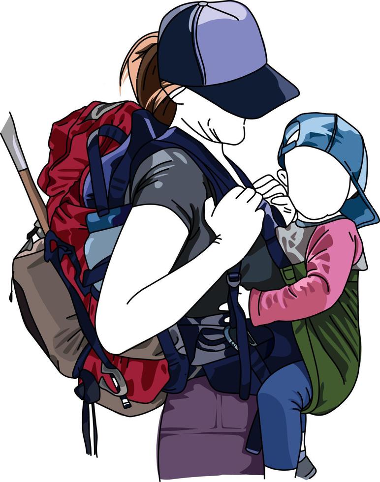 Illustration female hiker with baby carier vector