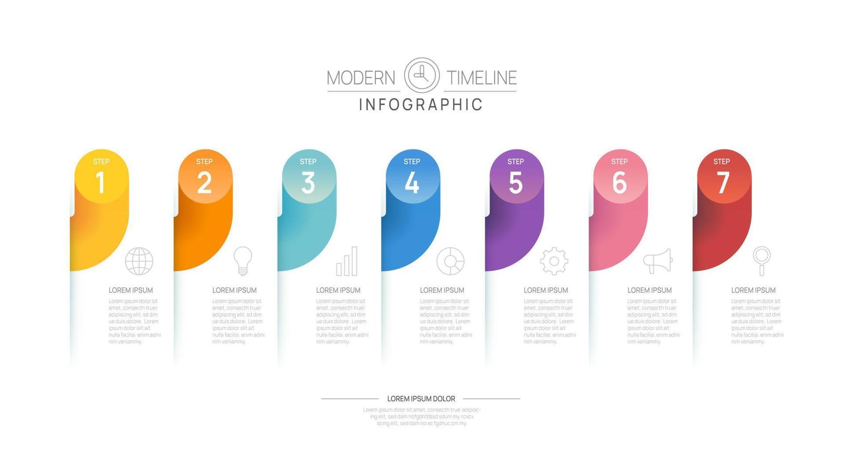 plantilla de diagrama de línea de tiempo de infografía para negocios. Hoja de ruta moderna de 7 pasos con temas circulares, para infografías vectoriales, diagramas de flujo, presentaciones. vector