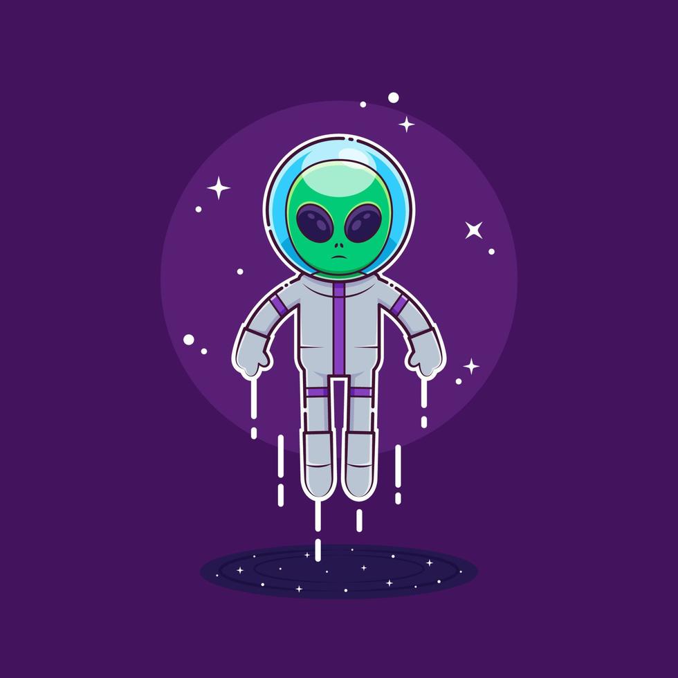 Vector illustration of an alien emerges from the wormhole wearing a space suit while floating, in a flat design style on a dark purple background.