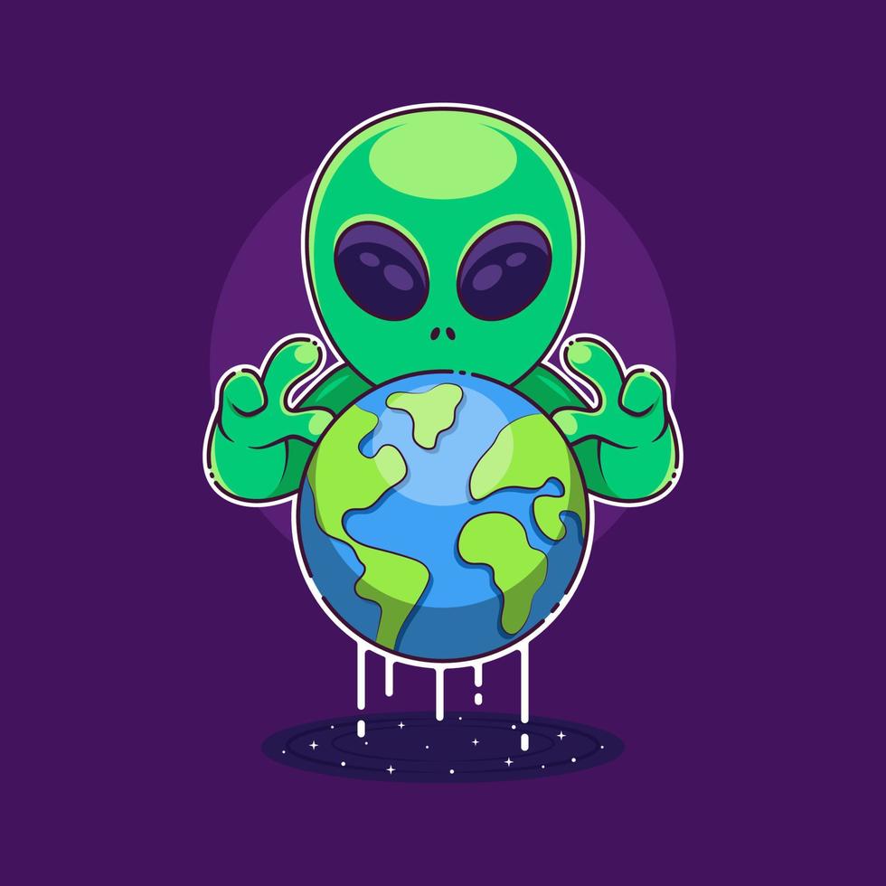 Vector illustration of an alien emerges from a wormhole to invade the earth, in a flat design style on a dark purple background.