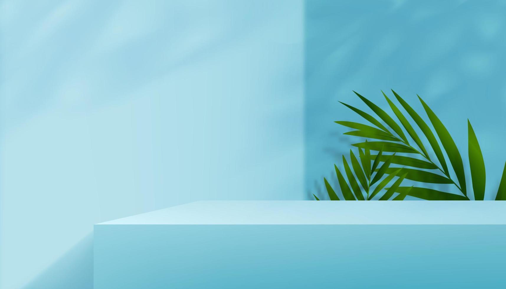 fondo de pared azul con hojas de palma de coco, estudio de visualización 3d con sombra de hoja tropical, sala de galería con superposición de luz solar en la pared, fondo de producto de diseño vectorial para primavera, presentación de verano vector