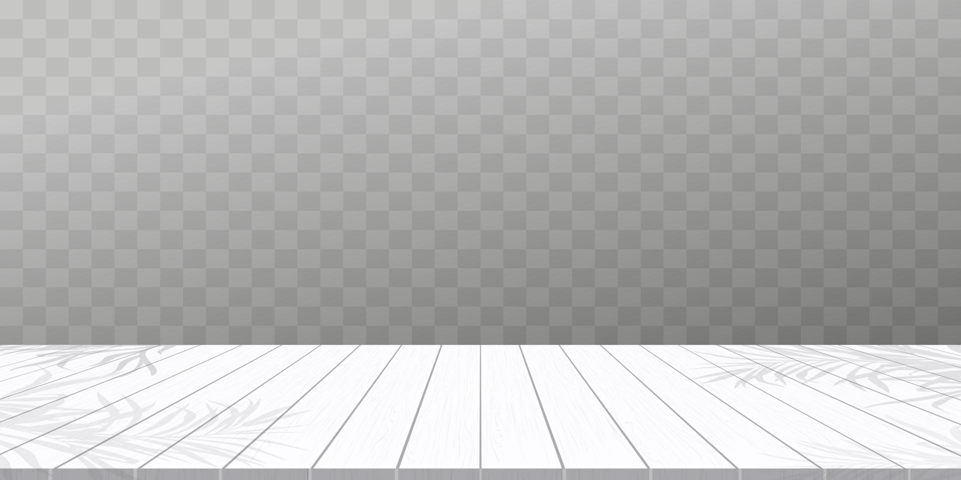 textura de panel de piso de madera blanca. banner de fondo tablas de madera lavada gris con sombra de hojas de palma de coco, mesa de ilustración vectorial 3d para promociones de primavera, verano vector