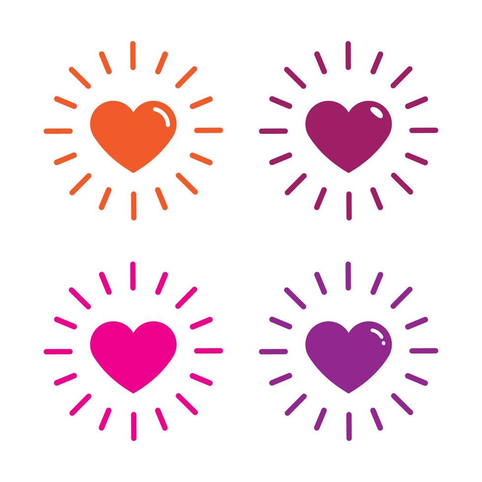 Set of heart shape with rays icon isolated flat design vector illustration