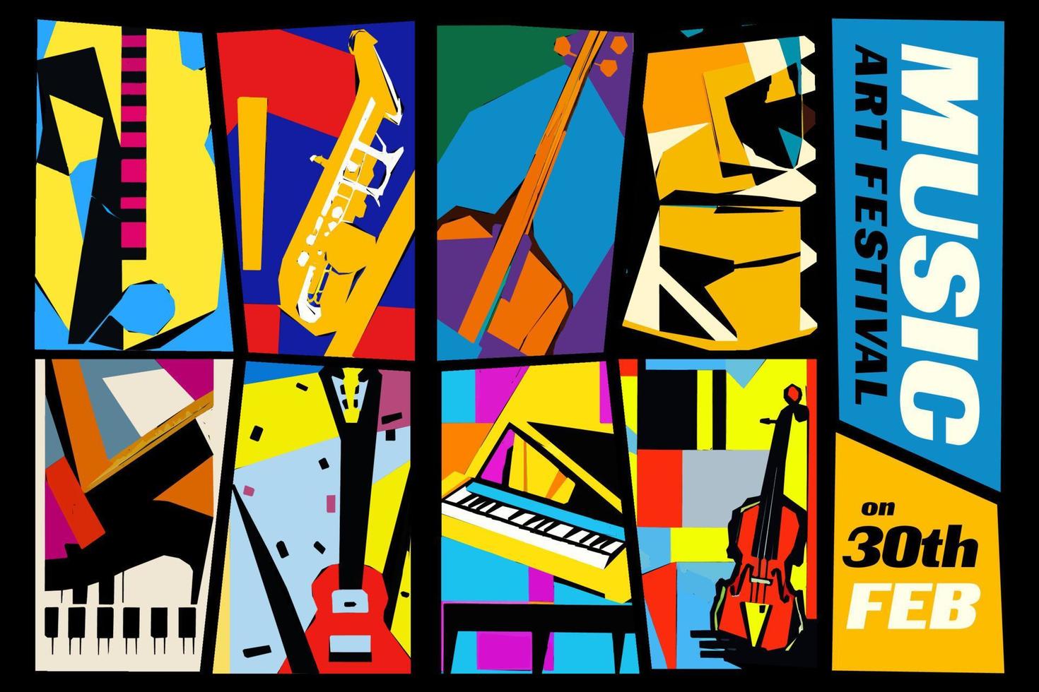 festival de música y arte. ilustración vectorial de un conjunto de fondos abstractos de jazz con instrumentos musicales. guitarra, piano, saxofón y violín. vector