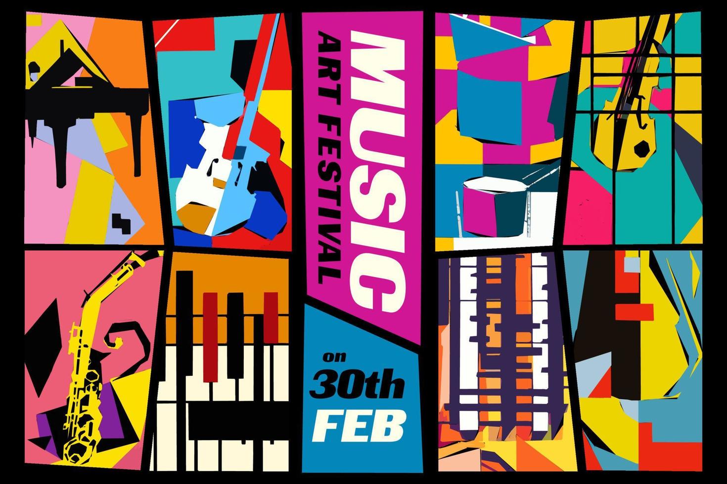 Music and Art Festival. Vector illustration of a set of abstract jazz backgrounds with musical instruments. Guitar, piano, saxophone and violin.