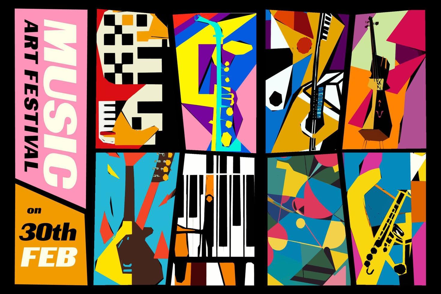 Music and Art Festival. Vector illustration of a set of abstract jazz backgrounds with musical instruments. Guitar, piano, saxophone and violin.