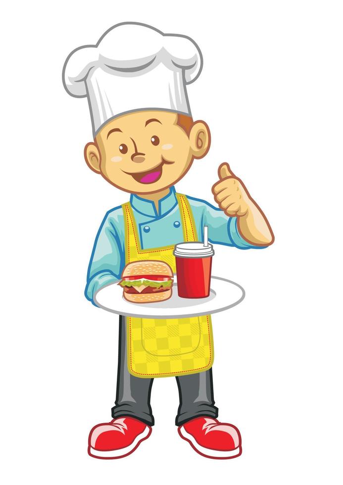 happy cartoon little chef showing his cook vector