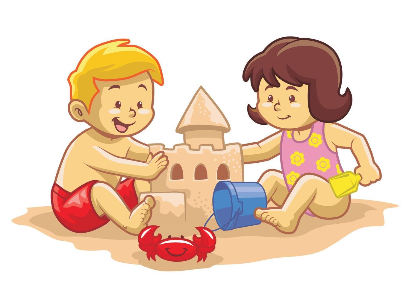 niños construyen castillos de arena en la playa vector