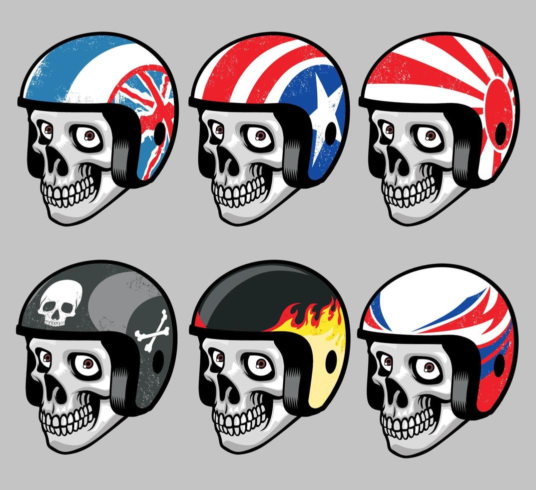 skull wearing various retro helmet vector