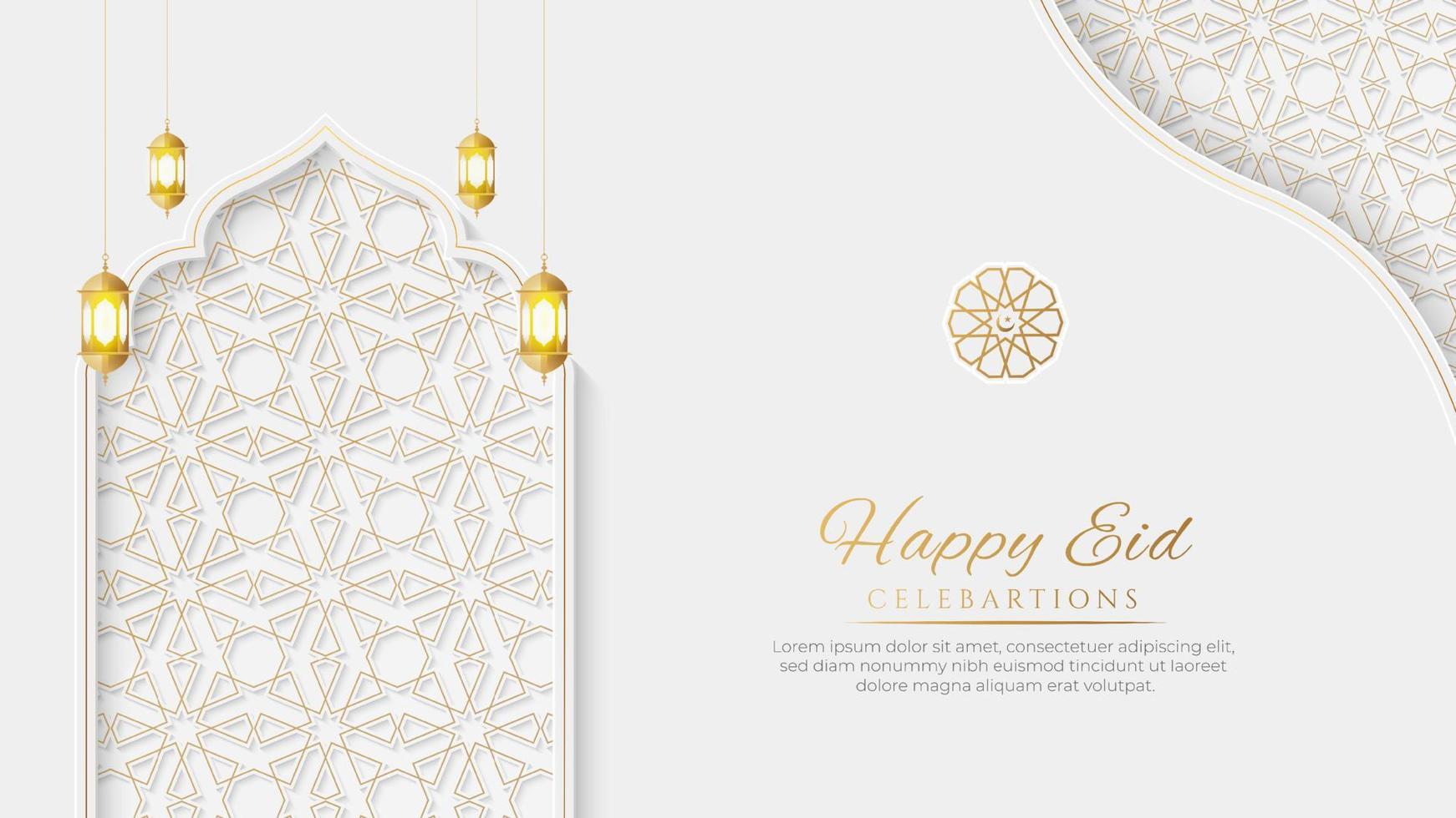 Arabic Islamic Elegant White and Golden Luxury Ornamental Background with Decorative Lanterns vector