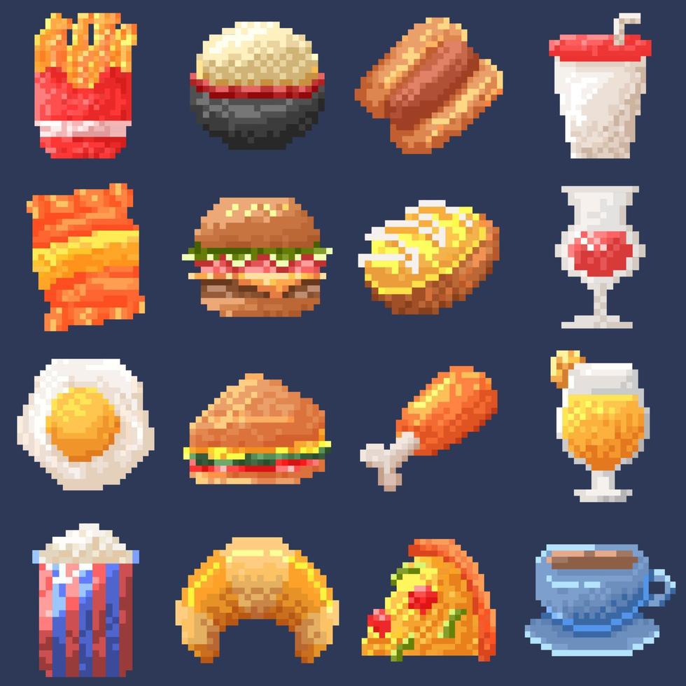 Premium vector set items food in pexel art style perfect for stickers and decorations