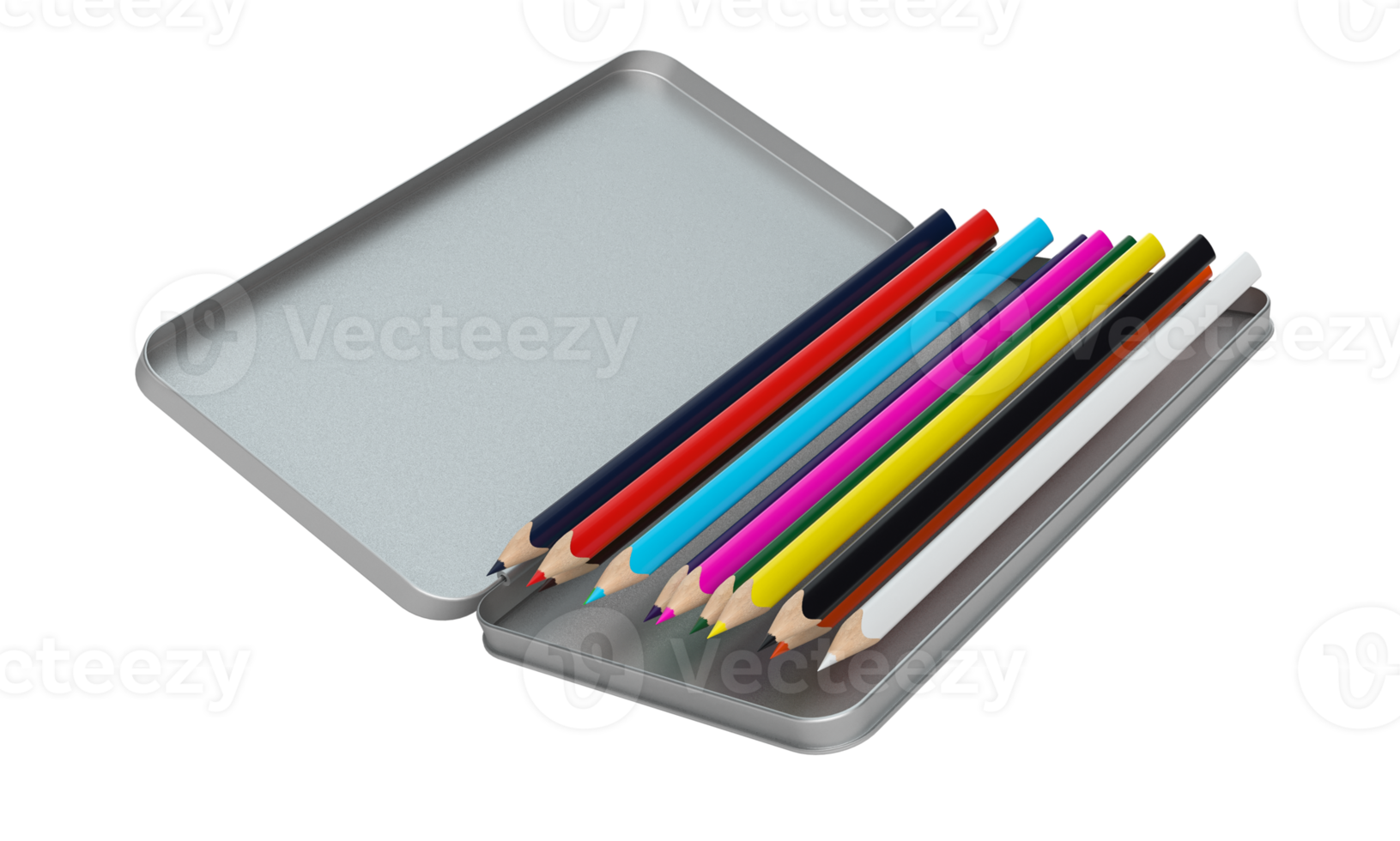 Row of Pencil in rainbow colors in open aluminum box isolated colorful crayons for drawing concept back to school 3d illustration png