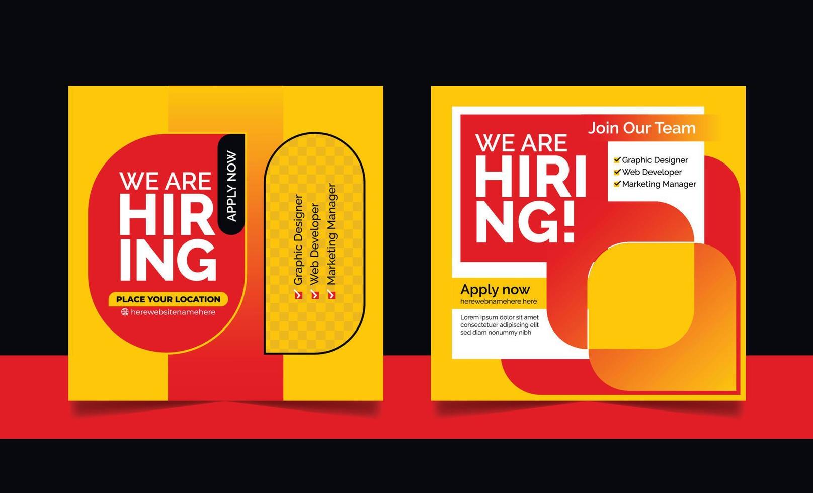 We are hiring social media post job vacancy banner template with black red yellow color. vector