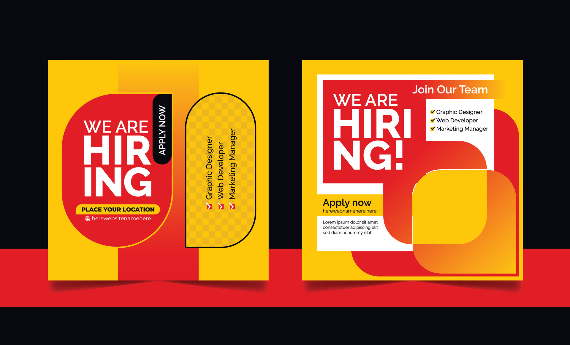 We are hiring social media post job vacancy banner template with black red yellow color