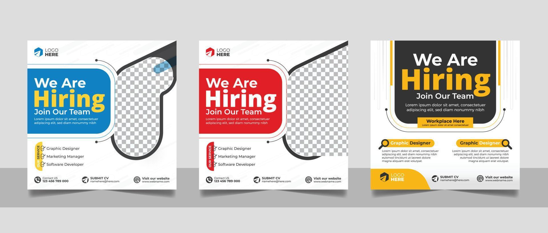 Hiring job vacancy post banner template set. Business we are hiring employee square flyer design. vector