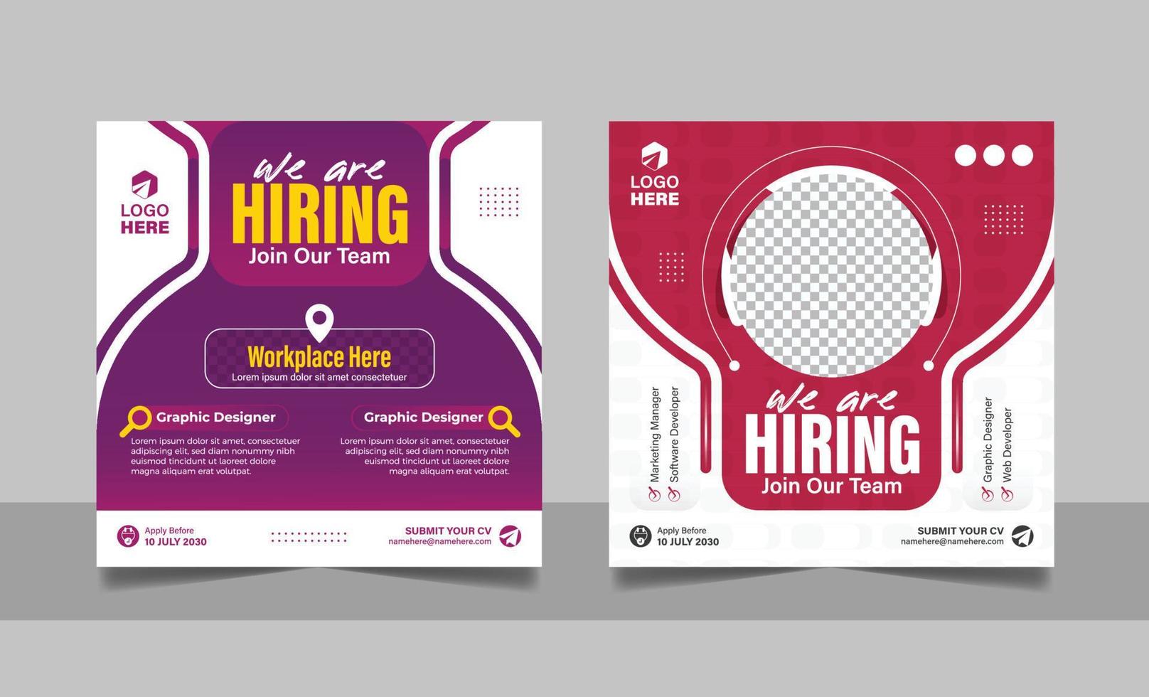 Hiring job vacancy post banner template set. Business we are hiring employee square flyer design. vector