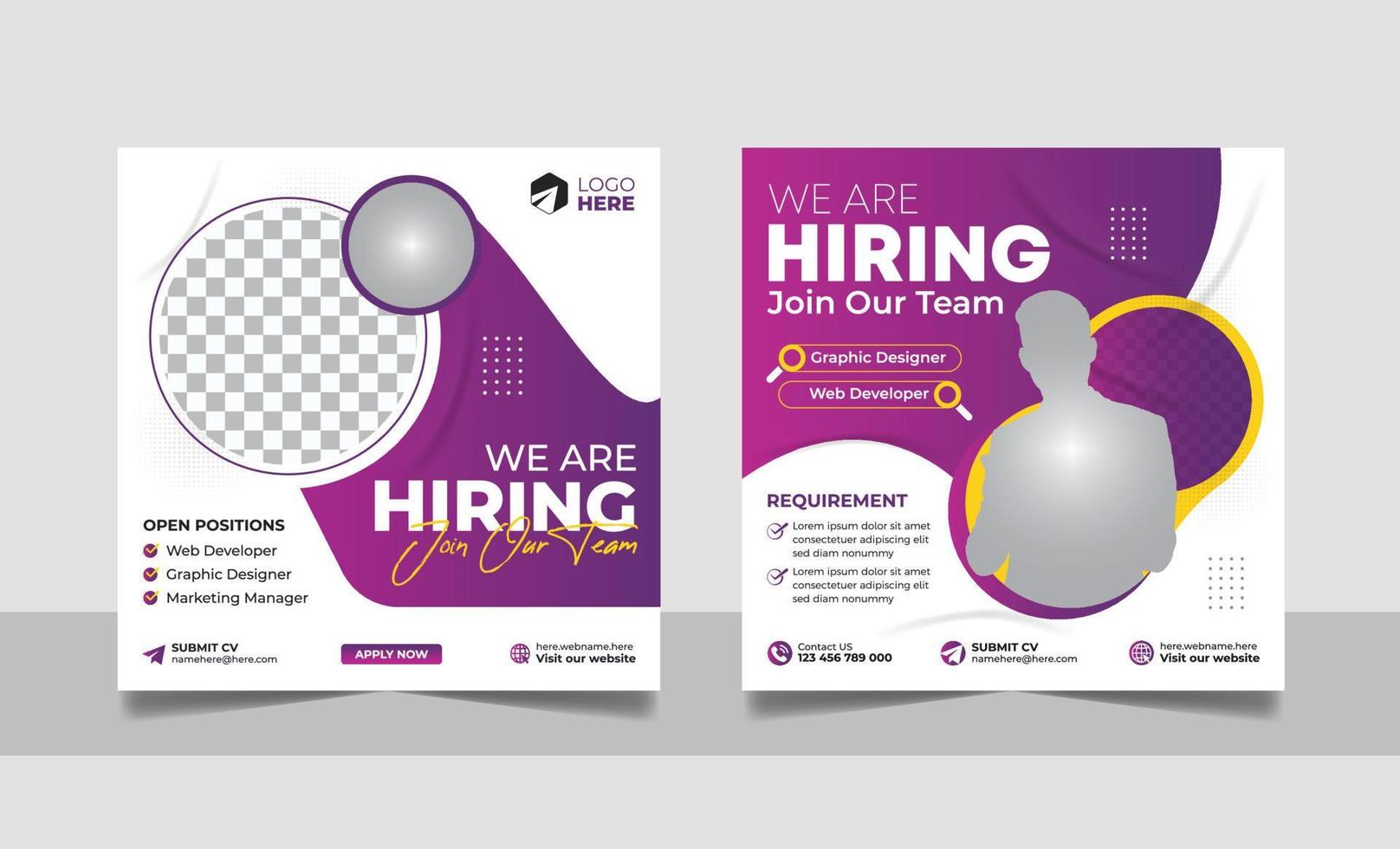 Hiring post banner template set. Business job vacancy employee social media simple minimal square flyer design. vector