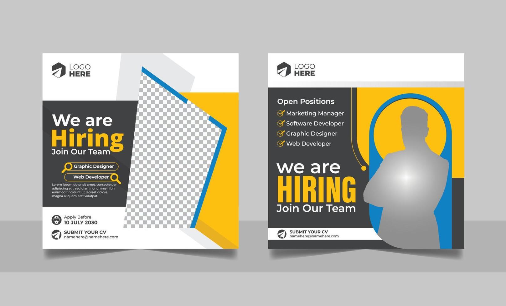 Hiring job vacancy social media post template set. Job marketing web banner vacant recruitment square flyer design. vector