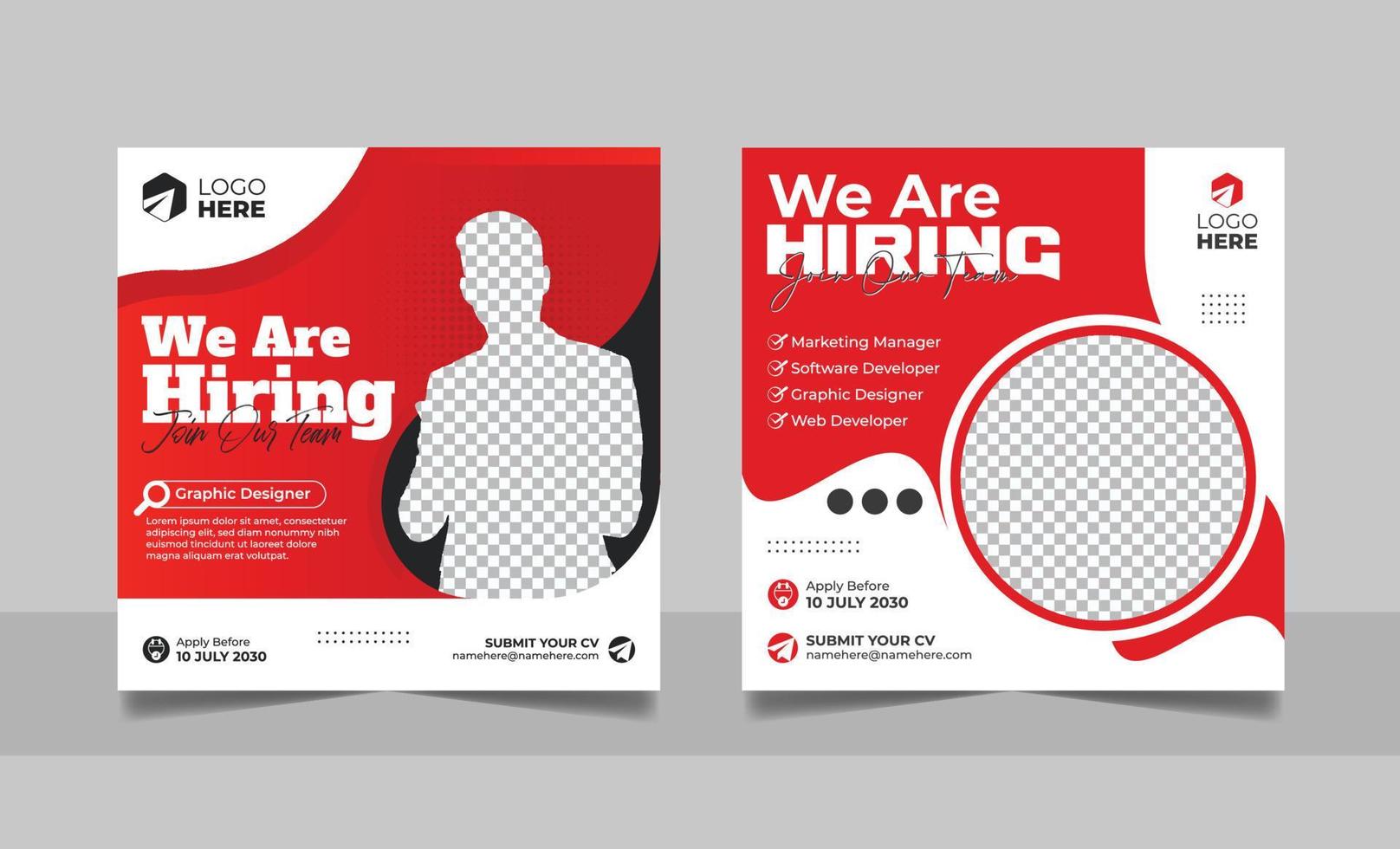 We are hiring social media post job vacancy banner template with black red color. corporate employee recruitment square flyer design. vector