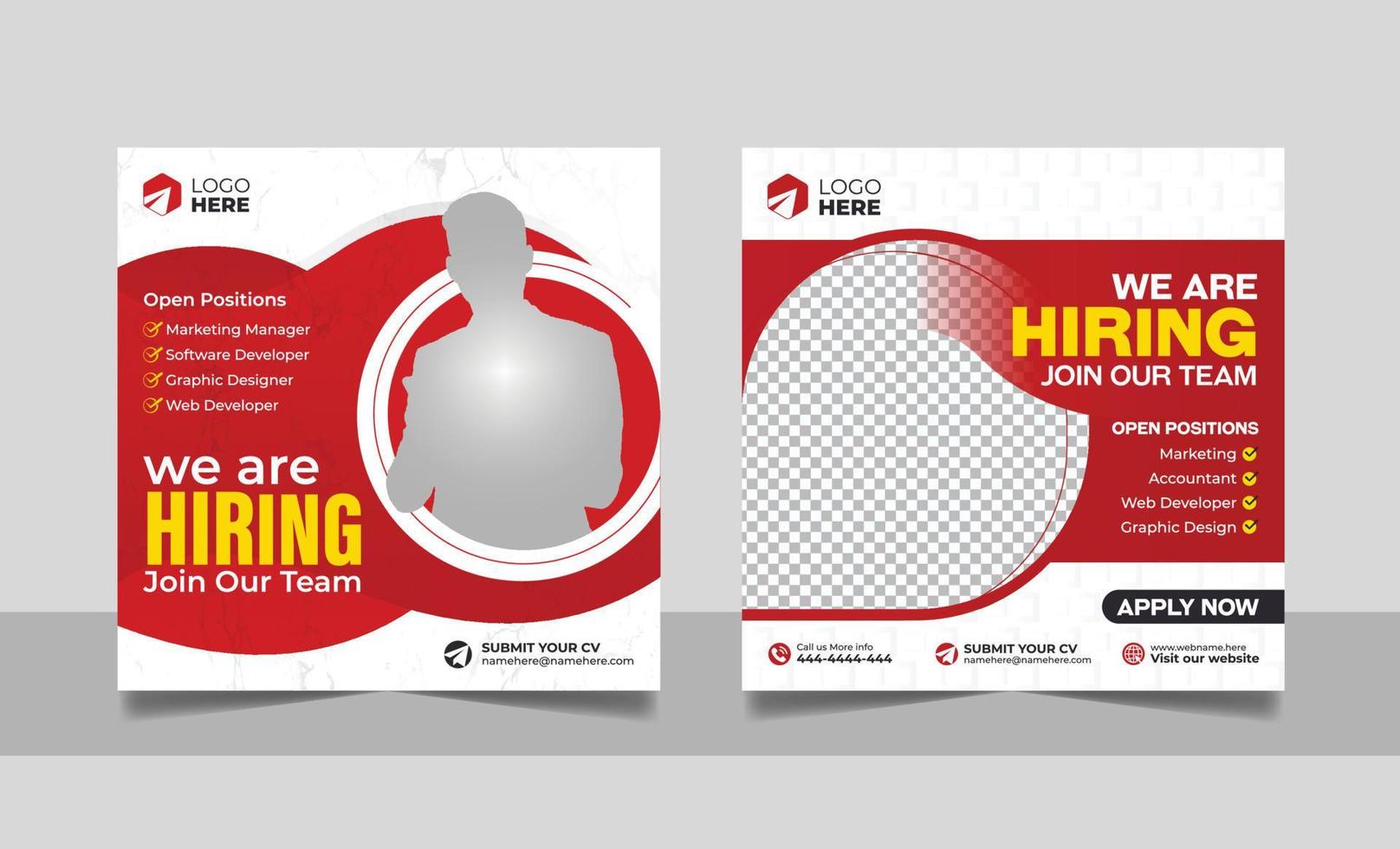 We are hiring social media post job vacancy banner template with black red color. corporate employee recruitment square flyer design. vector