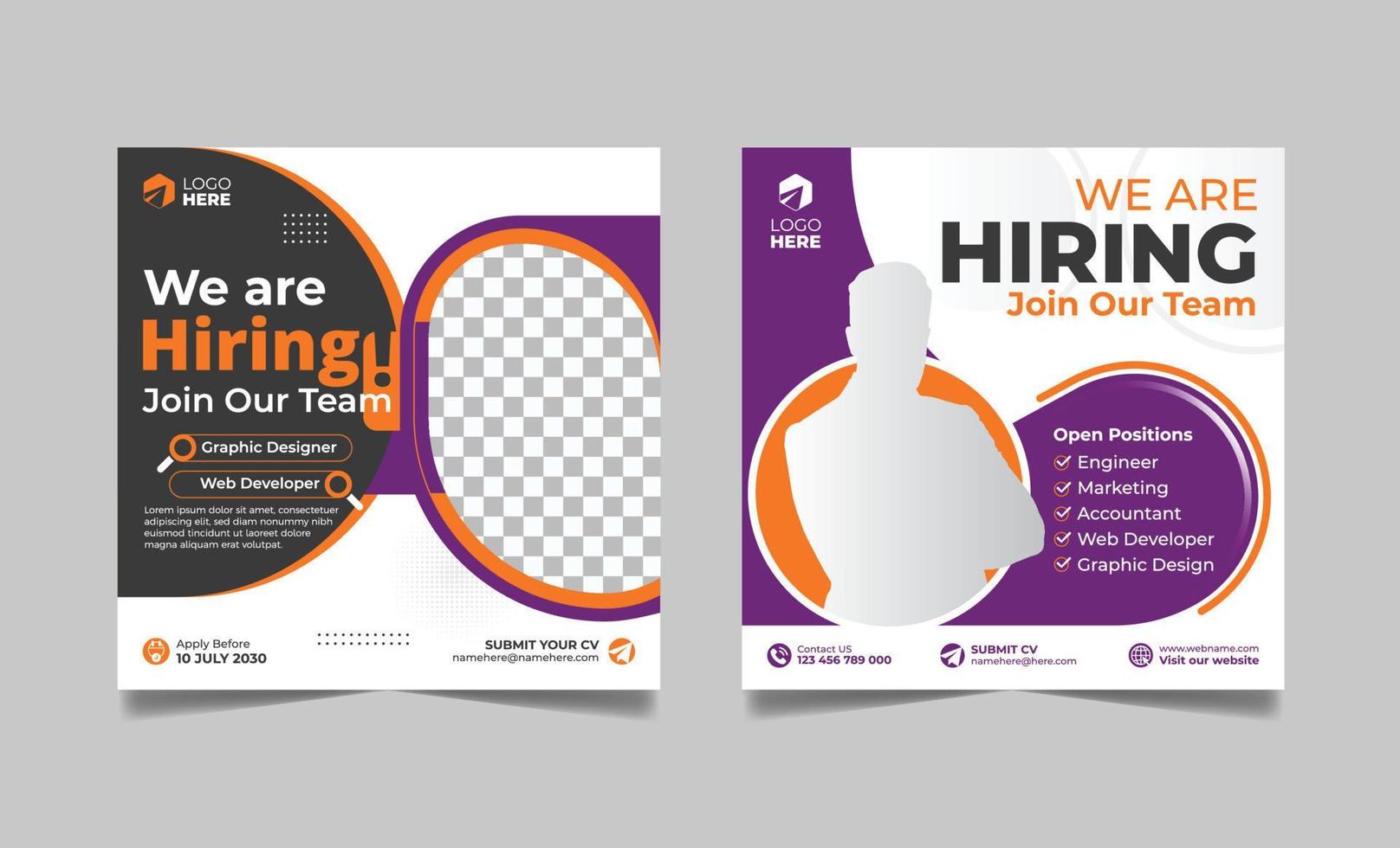 Hiring job vacancy post banner template set. Business we are hiring employee square flyer design. vector