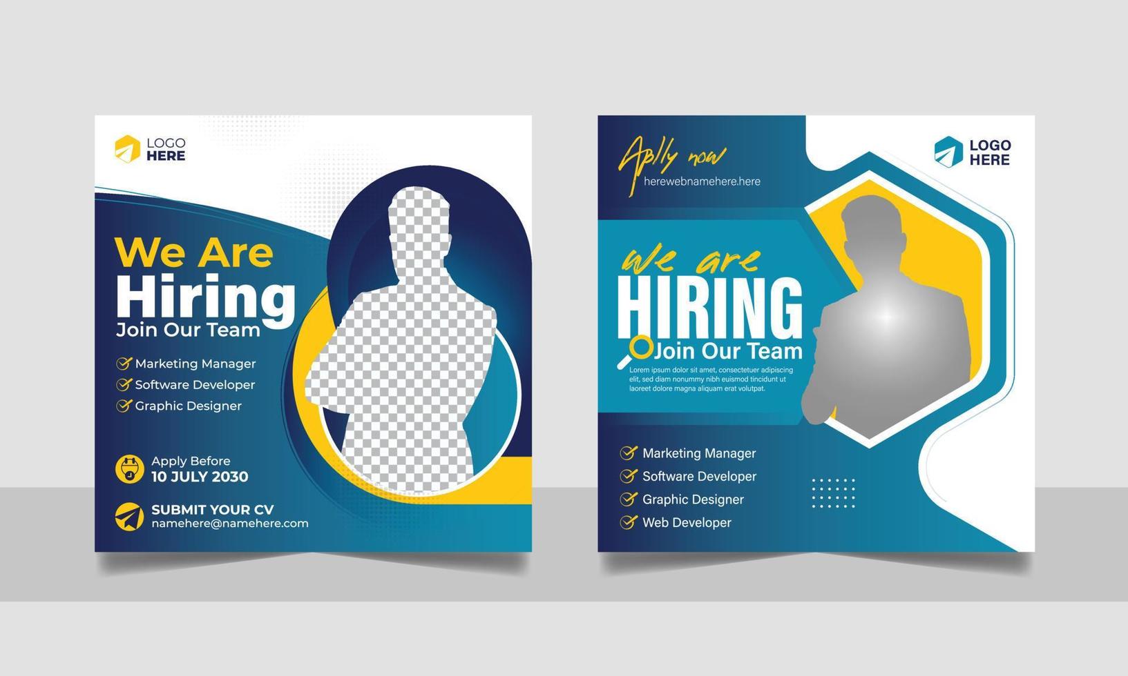 Hiring job vacancy post banner template set. Business we are hiring employee square flyer design. vector