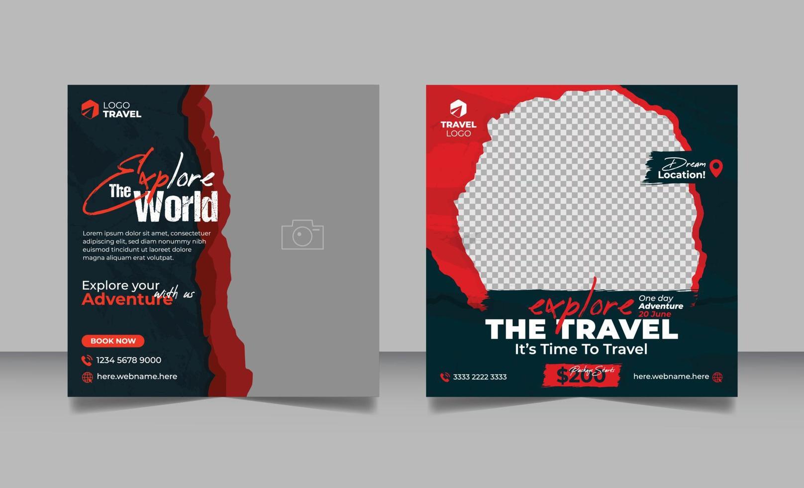 Travel promotion banner travelling business marketing social media post or summer holiday beach tourism square flyer template. vector